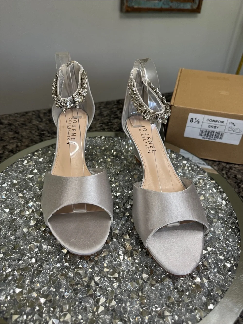 Journee Collection Conner Silver Satin Wedge Sandals Crystal Ankle Strap NEW 8.5